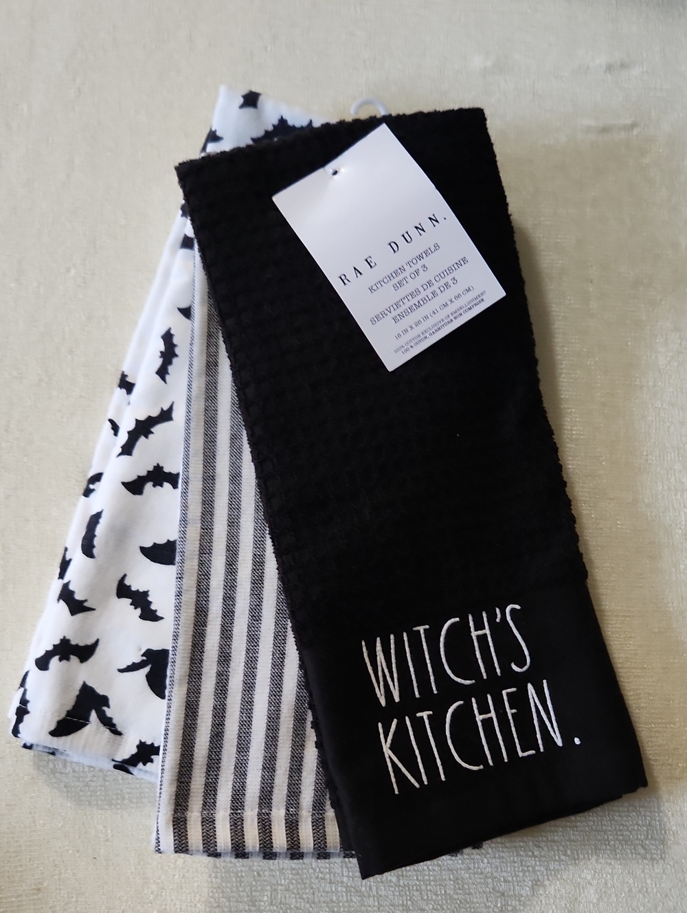 Rae Dunn 3 Pack Of Black and White Halloween Theme Witch's Kitchen Towel NWT